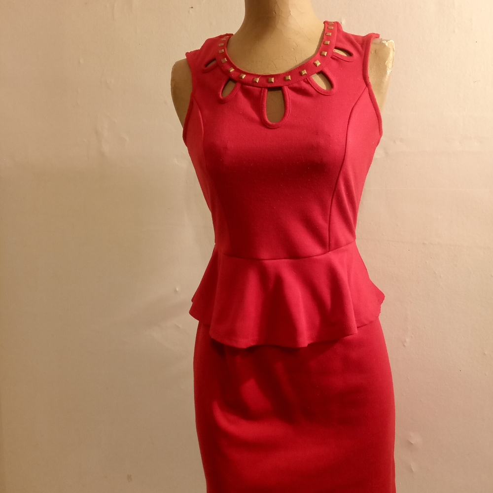Rhapsody Hot Pink Backless Peplum Dress with Studded Neckline